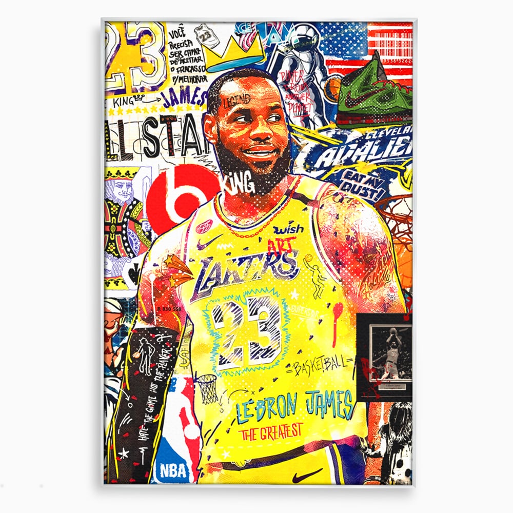 Tablou canvas cu tablou canvas cu portretul lui lebron james, in rama de aluminiu argintiu